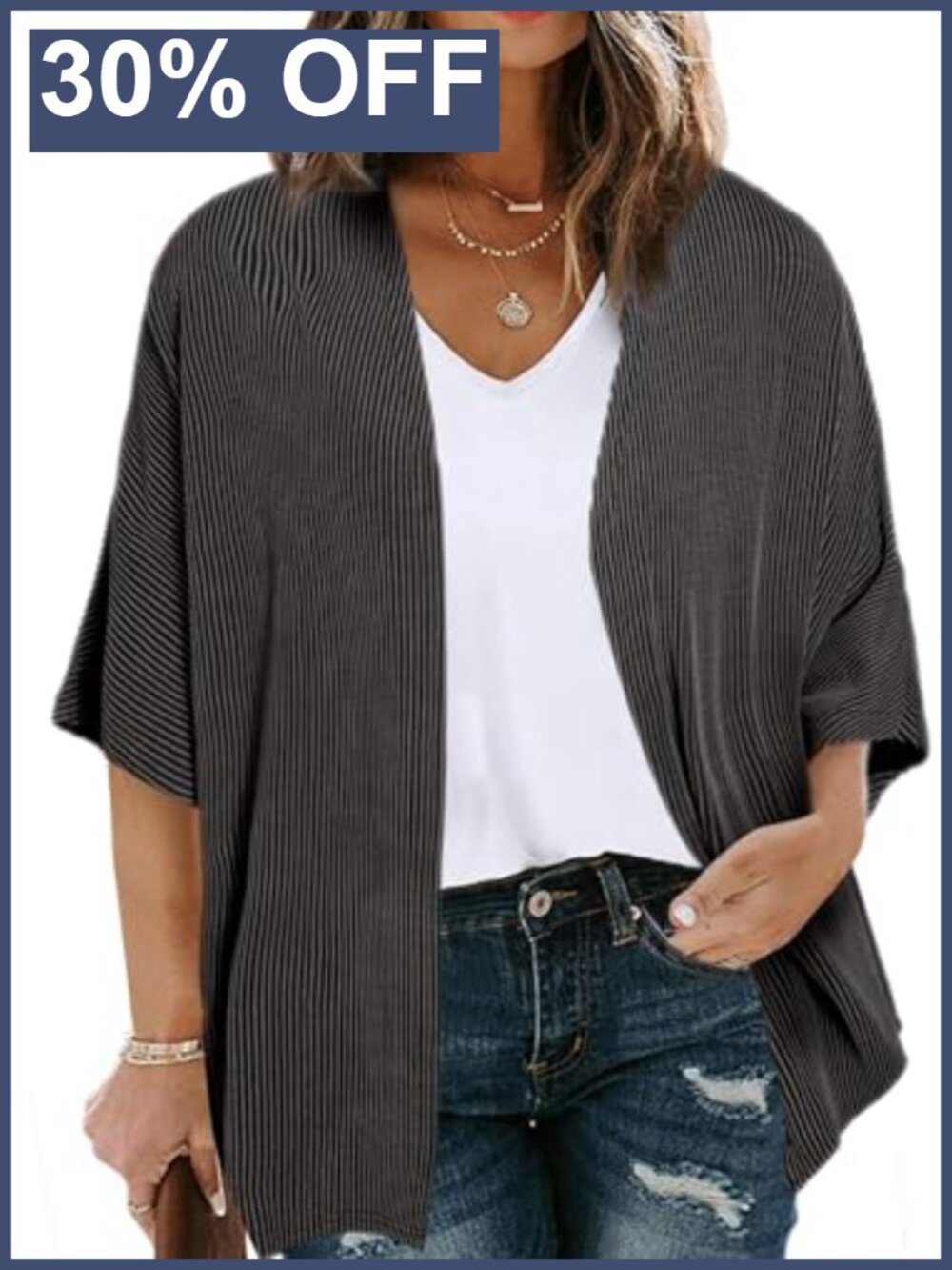 Plus Size Lightweight Ribbed Knit Kimono Cardigan Half Sleeve Loose Fit Open
